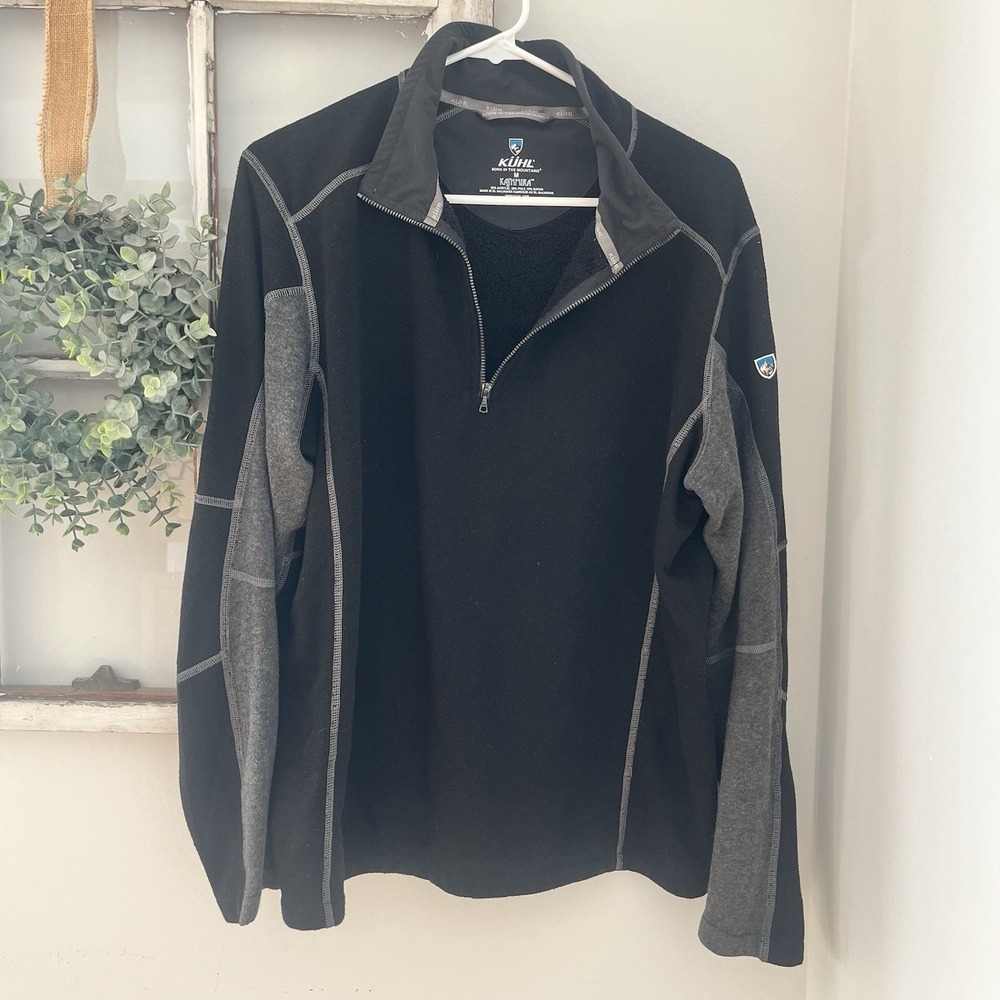 Kuhl Mens Revel 1/4 Zip Outdoor Fleece Pullover Sweater Black Gray Medium